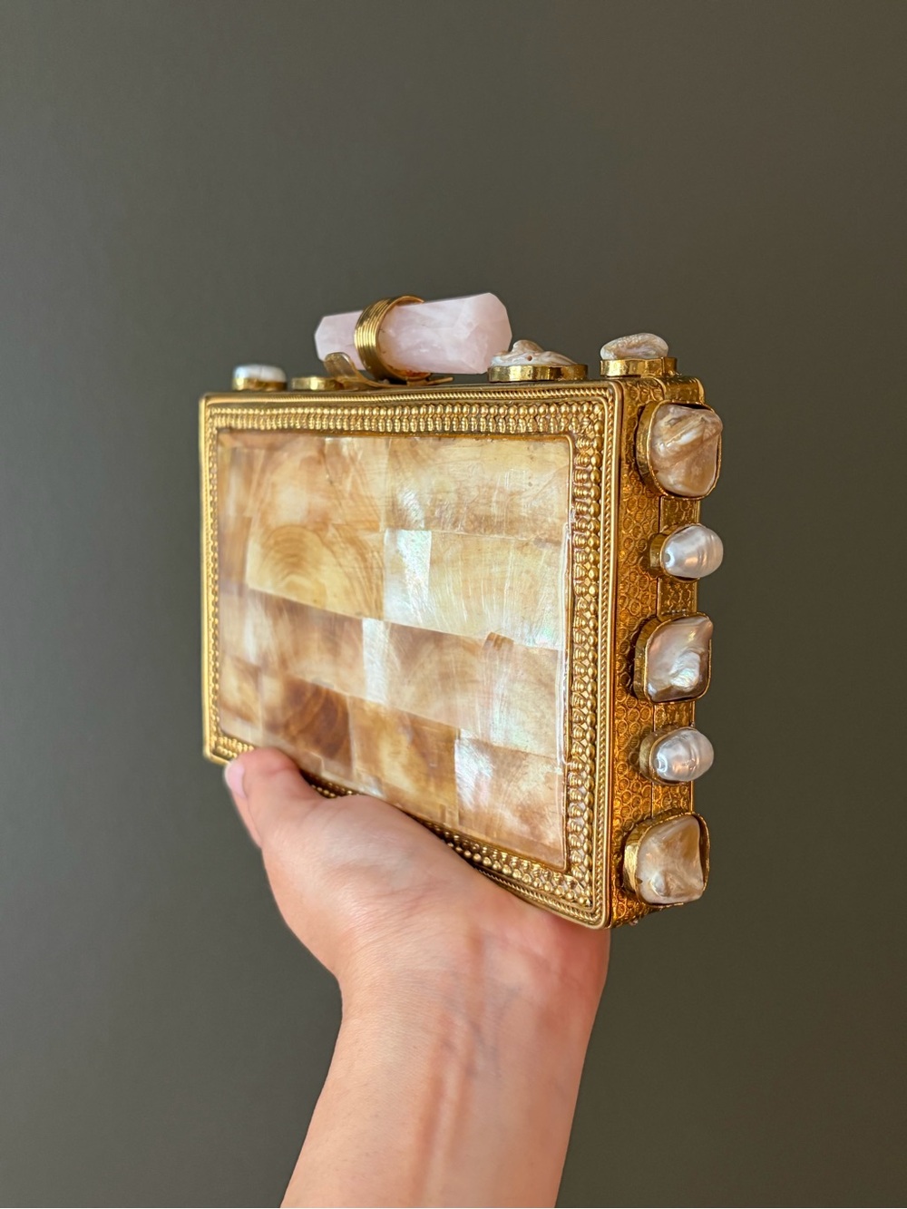 Gold and Shell Rectangular Evening Clutch with Rose Quartz Accent - Picture 3 of 7